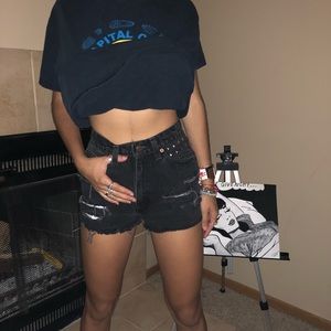 Red studded high waisted shorts